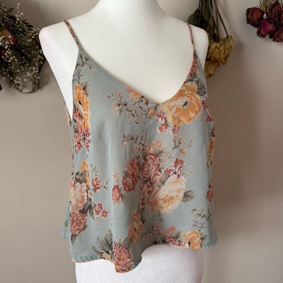 Lush Cottagecore Sage Floral V-Neck Cami with Peach and Yellow Roses - Picture 3 of 6